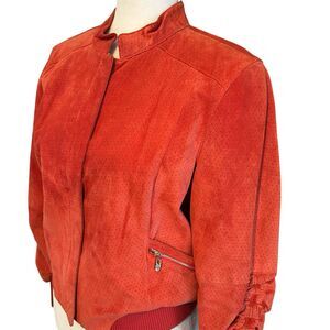 Vintage Y2K Bebe Suede Red Bomber Coat w/ Gold Ruched Sleeve Leather Size Large